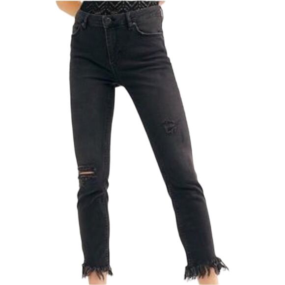 Free People Black Distresssed Frayed Jeans - Picture 2 of 12